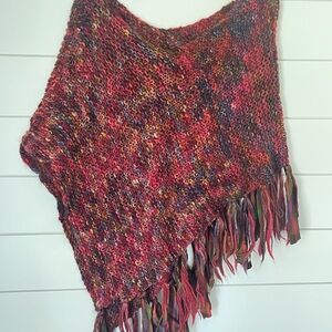 Multicolor Knit Poncho with Fringe